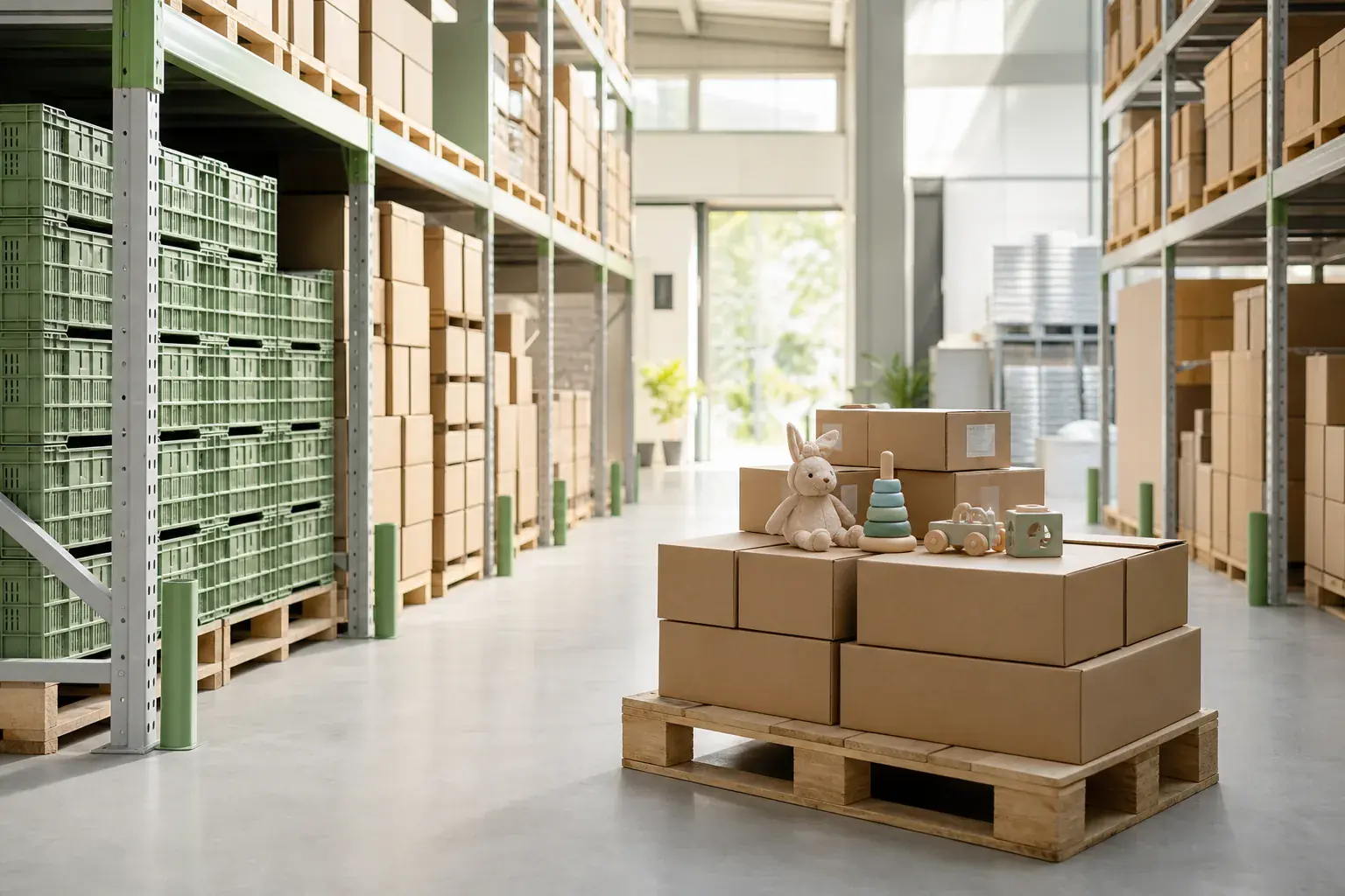 Workers preparing wholesale baby toy cartons, pallets and a container for outbound shipment