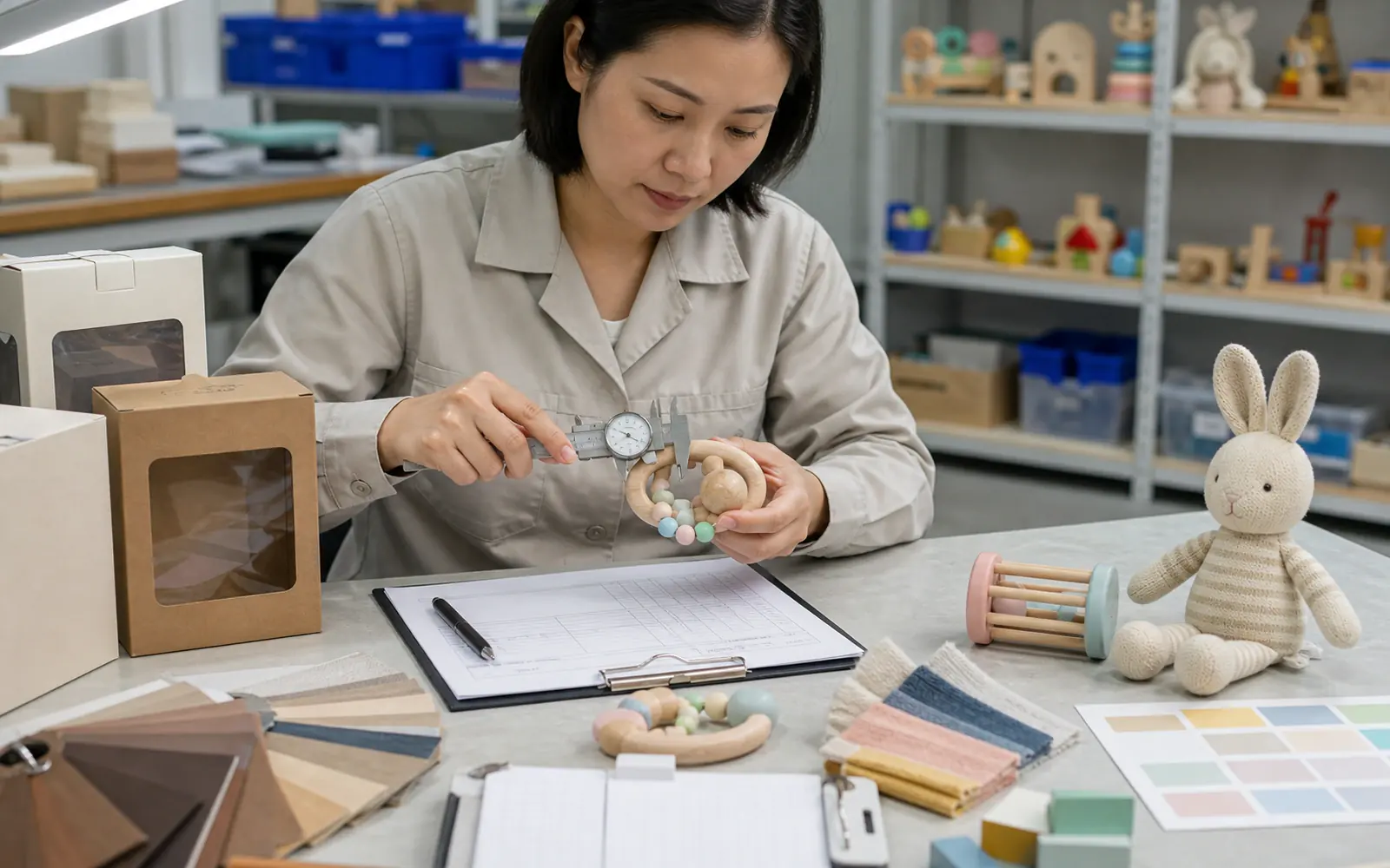 Quality reviewer measuring a baby toy with a caliper beside material swatches and a blank checklist