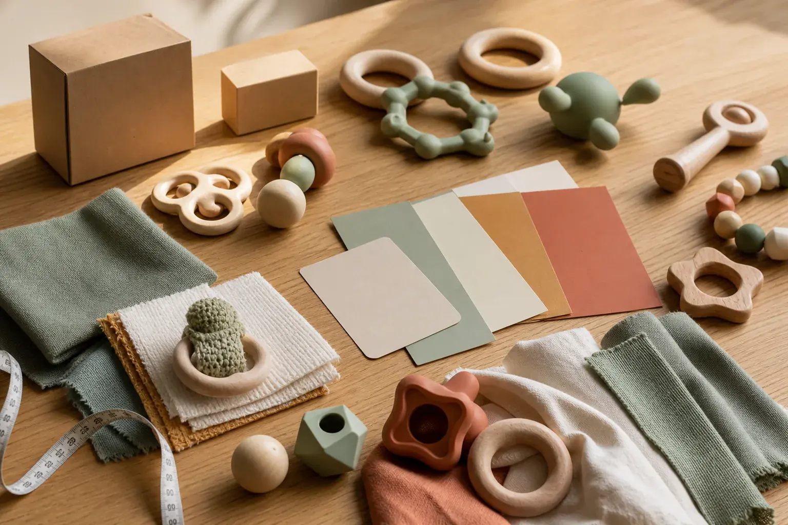 BABY PLAY FACTORY approved sample board with baby toy materials and packaging notes