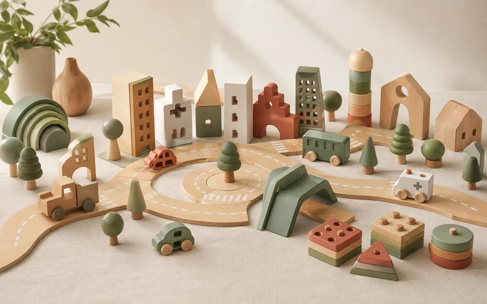Generic wooden city playset with roads, buildings, vehicles and open-ended play pieces