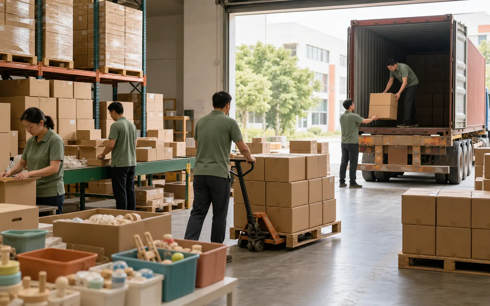 Workers preparing wholesale baby toy cartons and pallets for outbound shipment