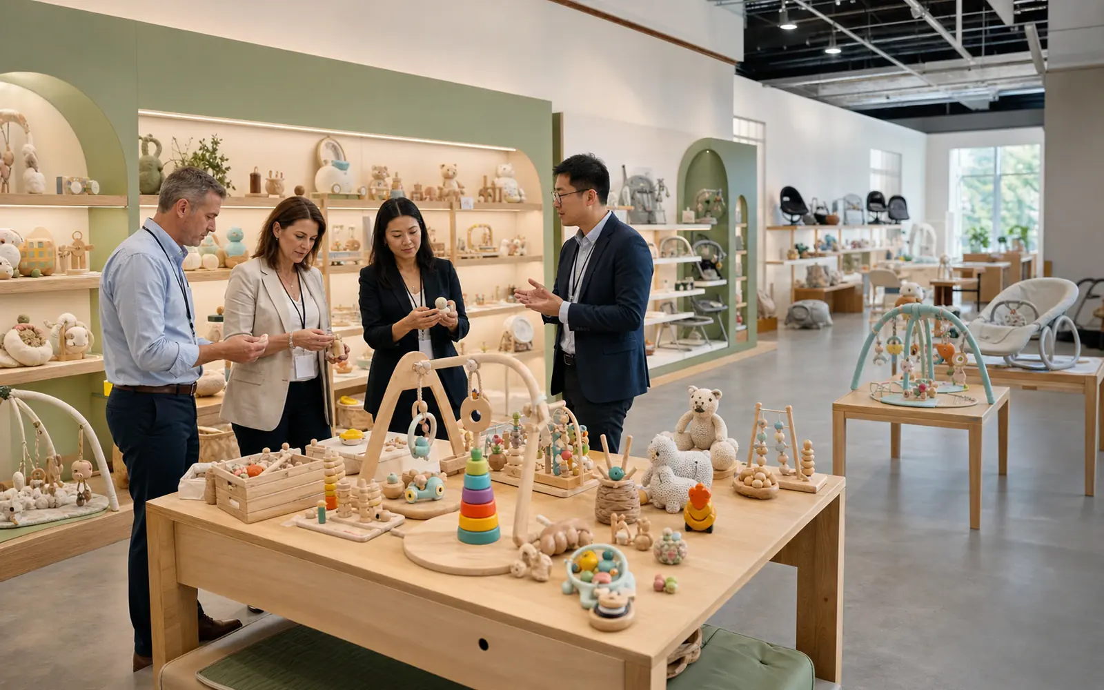 Adult buyers reviewing a broad baby toy sample assortment in a professional showroom