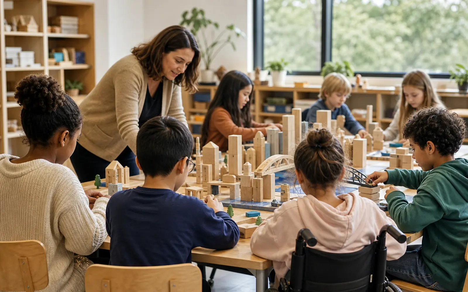 Children building a city-themed construction activity with adult supervision in a classroom